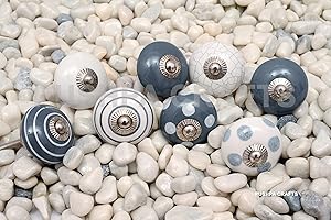 PUSHPACRAFTS 8 Knauf für Schrank, Schublade, aus Keramik, handbemalt, 8 Stück Grey & White knopfe grau weiß