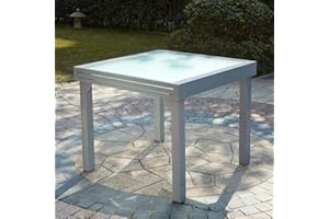 CONCEPT USINE - Table Salon de Jardin Aluminium Acier - Mobilier Extérieur Table Extensible Plateau Verre Trempé Revêtement Poudre Rallonge Coulissante - Gris Clair - Design Molvina - Résiste à l'eau