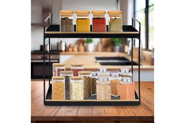 Niyara Iron Metal Heavy Duty Stand 2-Tier multistorage/Multipurpose Standing Rack, Bathroom Countertop Storage Shelf Cosmetic Organizer Holder Kitchen Spice Rack, (Square Black with Gold)