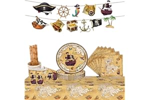 GBOKYN Vaisselle Pirate,Vaisselle Carton Pirate,Vaisselle Pirate Anniversaire,Kit de Pirate Vaisselle D'anniversaire,Vaisselle Pirate Anniversaire Garcon,Nappe Assiette Tasse Serviette PapierF