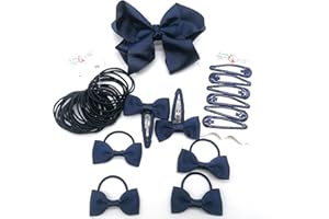 LA PETITE PRINCESSE 35 Pieces navy blue school hair accessories blue Ribbon Style Bow Bobbles Hair Clips Bows and Elastics Bands (Navy Blue)
