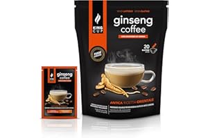 King Cup - 1 Confezione da 20 Bustine Solubili di Ginseng con Zucchero di Canna, 20 Stick da 20 Gr per Bevanda al Gusto di Ginseng da Aggiungere in Acqua Calda, Senza Glutine e Lattosio