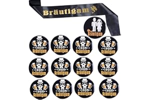 MKISHINE 14Pcs JGA Deko Männer,Bräutigam Schärpe Abzeichen Bräutigam mit 12 Team Bräutigam Buttons,Junggesellenabschied Lustige Geschenkidee Bräutigam Junggeselle Geschenk Bachelor Party Witziger Scherzartikel