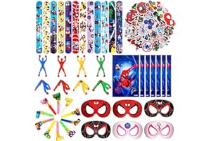 CHUKUA Spidey Party Bag Fillers, 50Pcs Stickers, 10Pcs Party Bag, 12Pcs Party Mask, 12Pcs Slap Bands, 10Pcs Party Blowers, 10Pcs Wall Climbing Toy Man, for Spidey and His Amazing Friends Party Decorations