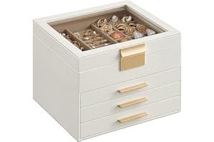 ‎SONGMICS SONGMICS Pudełko na biżuterię, pudełko na biżuterię 4 poziomy, pudełko na biżuterię ze szklaną pokrywką, miejsce do przechowywania biżuterii, 20,3 x 23,1 x 16,5 cm, chmura białego złota JBC173W01