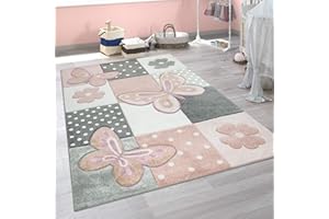Paco Home Tappeto per Cameretta dei Bambini Colori Pastello Motivo a Quadri con Farfalle Punti Fiori Variopinto, Dimensione:200x290 cm