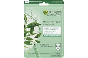 Garnier Moisture Bomb Green Tea and Hyaluronic Acid Sheet Mask, Hydrating & Rebalancing Face Mask, For Sensitive Skin, Biodegradable and Vegan Tissue, 28g