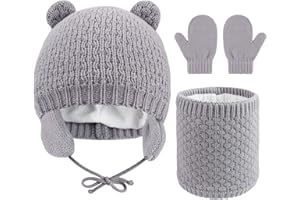 QKURT Kinder Winter Warm Beanie Mützen Snood Handschuhe Set, 3 in 1 Verdicken Fleece Thermo Kleinkind Mütze Schal Fäustlinge Set Geeignet für Jungen und Mädchen im Alter von 1-3