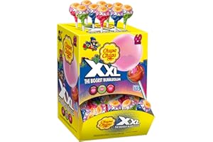 Chupa Chups - Boite de 60 Sucettes XXL Avec Coeur Bubble Gum - Parfums Fraise, Pomme, Cola pour la Sucette + Chewing Gum - Géantes - 1,74 Kg
