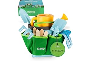 PHIBER-Sports Juego de Herramientas de jardín para niños (11 Piezas) - Herramientas de jardinería para niños a Partir de 3 años - Herramientas de Metal, regadera, Guantes de jardín, Bolsa
