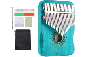 sourcing map 21 Keys Thumb Piano, Blue Mini Portable Finger Piano Maple Wood Sun Pattern with Protective Bag, Tune Hammer, Sheet Music Study Instruction for Gift Adults Beginners