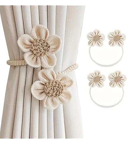 Lot De 2 Embrasses Rideaux Forme Fleur - Attaches Ajustables Pour Chambre, Salon, Style Bohème (Beige)