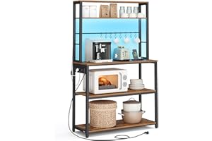‎VASAGLE VASAGLE Küchenregal mit LED-Beleuchtung, Standregal mit Steckdosen, Mikrowellen-Regal mit verstellbaren Ablagen, 8 Haken, 40 x 80 x 168,4 cm, vintagebraun-Mattschwarz KKS050KD01