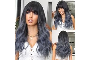 CGVG Ombre Blue Wig Women's Long Curly Wavy Wig with Fringe Natural Synthetic Heat Resistant Wig for Women Halloween Cosplay Costume Blue Wig