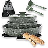 Non-stick Frying Pan Set 10 Pieces with Detachable Handle Green | Kitchen Set with Glass Lid, Removable, Marble Texture, Suit