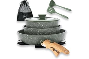 Kitchen Academy Non Stick Cookware Set, 10 Piece Granite-Coated Induction Pots and Pans Set with Detachable Handle, Stackable RV Cooking Set for Camping, Camp, Green