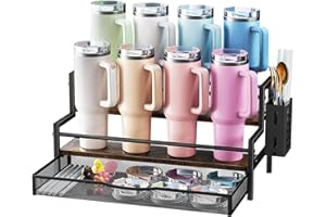 Kssiaz Water Bottle Organizer for Full Stanley 40 oz Tumbler with Handle, 2 Tier Tumbler Organizer for 8 Cups, Kitchen Pantry Organizers and Storage for Owala Stanley Cup Accessories, Brown