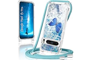 XCYYOO Handykette für Google Pixel 8 Pro Hülle mit Band,Handyhülle Google Pixel 8 Pro Glitzer Schmetterling mit Kette TPU Slim Bumper Kratzfest Stoßfest Schmetterling Schutzhülle mit Kordel