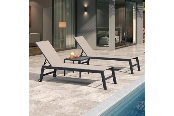 PURPLE LEAF Transat Jardin Exterieur Lot De 2 avec Table Textilène, Transat Luxe Jardin Aluminium Pliable 2 roulettes, Bain De Soleil, Beige