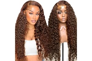 TUNFINE 32 Pouces Perruque Femme Naturelle Brésilien, Light Brown #4 13x4 Deep Wave Lace Front Wig Human Hair, 150% Density Curly Human Hair Wig with Pre-Plucked Hairline and Babyhair (80 cm)