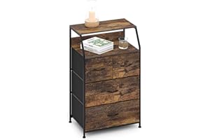‎WEEU WEEU Kommode mit 4 Schubladen Holzfurnier Stoffschrank Sideboard Vintage Highboard Metall Mehrzweckschrank Schränke Organizer, Küche Schlafzimmer Büro Wohnzimmer Flur Schwarz + Braun Holz + Stahl