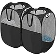 SYVOFOX 2 Pack Mesh Collapsible Laundry Baskets, Pop up Laundry Hamper Bins,Folding Washing Basket with Handles for Clothes Tidy Storage-Black