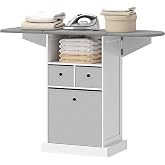 HOMCOM Iron Furniture with Wheels 3 Fabric Drawers 121 x 37 x 89.5 cm White | Ironing Cabinet, Folding Ironing Board, Open Co