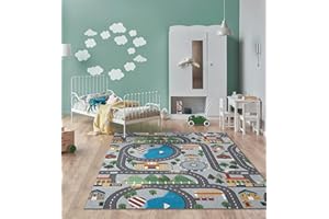 ‎THE CARPET the carpet Happy Life Kinderzimmer, Kinderteppich, Spielteppich, Waschbar, Straßenteppich, Straße, Stadt, Auto, Grau, 80 x 150 cm