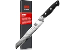 SHAN ZU Coltello da Pane Damasco 20 cm, Coltello da Pane Seghettato in Acciaio Damasco AUS-10, Coltello da Pasticceria con Impugnatura Ergonomica G10 - SUN Series