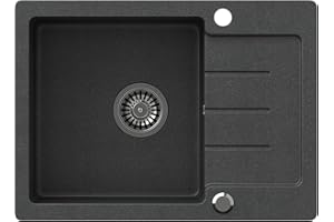 VBChome Spülbecken Granit Schwarz 60x44 cm Hochwertige Einbauspüle mit Einzelbecken gesprenkeltem Design reversibel Inklusive Siphon Robustes Waschbecken für moderne Küchen pflegeleicht & langlebig