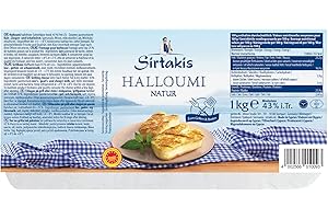 Sirtakis Halloumi Natur - 1x 1kg Vakuum - Pfannenkäse Pfanne Grillkäse Grill Ofenkäse Ofen 43% Fett i. Tr. mit Minze Schnittkäse Käse mikrobielles Lab Halal vegetarisch glutenfrei