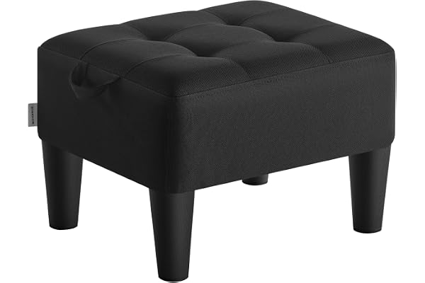 SONGMICS Fotpall med Förvaring, Liten Sittpuff i Linneoptik | Pall med Träben och Bärhandtag, 40 x 32 x 26 cm, för Vardagsrum och Sovrum, Bläck Svart, MACEO Kollektion LOM502B01