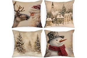 Lanpn Świąteczne poszewki na poduszki, zestaw 4 szt., bałwan Święty Mikołaj renifer vintage świąteczna poszewka na poduszkę na Boże Narodzenie dekoracyjna poszewka na poduszkę do domu na sofę kanapę