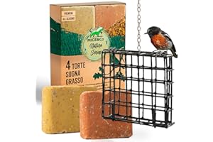 Mice&Co Mangiatoia per Uccelli da Esterno - Alimentatore per Uccelli Selvatici con 4 Torte di Sugna Naturale, da Appendere per Giardino