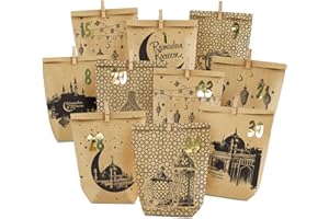 ANYUNKEY DIY ramadan kalender zum Befüllen-Eid Mubarak tüten-30 Bedruckte Kraftpapiertüten-Geschenktüten zum Aufstellen-ramadankalender Tüten-ramadan deko set-wiederverwendbar