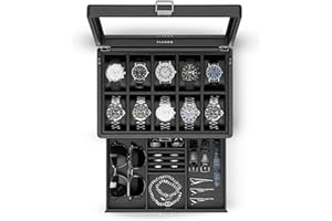 Vlando Watch Box with 10 Slots, 2-Tier Watch Display Case with Glass Lid, Removable Watch Pillows, Mens Jewellery Box, Gift for Loved Ones