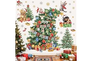 wondever Stickers Muraux Arbre de Noël Grand Autocollants Muraux Mural Stickers Sapin de Noël Chiens Chats pour Fête de Fenêtre Décoration de Fenetre Stickers