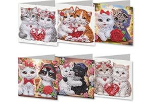 LESEOGYE 6pcs Diamond Art Cards with Painting Tools and White Envelopes, Crystal Art Cards with Cute Cat Pattern for Family Lover Friend