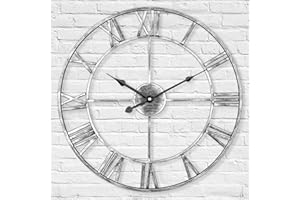 LENAUQ Silent Metal Skeleton Wall Clock, 40cm European Farmhouse Vintage Clock with Roman Numeral, Non-Ticking Battery Operated Hanging Wall Clock for Home Kitchen Cafe Hotel Office Decor(Silver)