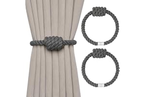 Pretty Jolly 2 Pack Natural Cotton Rope Magnetic Curtain Tiebacks Boho Style Drape Tie Backs Elegant Hand Weave Rope Knot Decorative Curtain Holdbacks for Home & Office Window Drapery (Dark Grey)