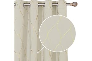 Deconovo Home Decoration Eyelet Room Darkening Curtains, Gold Wave Foil Printed Curtains Energy Saving Curtains for Living Room, 66 x 72 Inch (Width x Length), Beige, One Pair