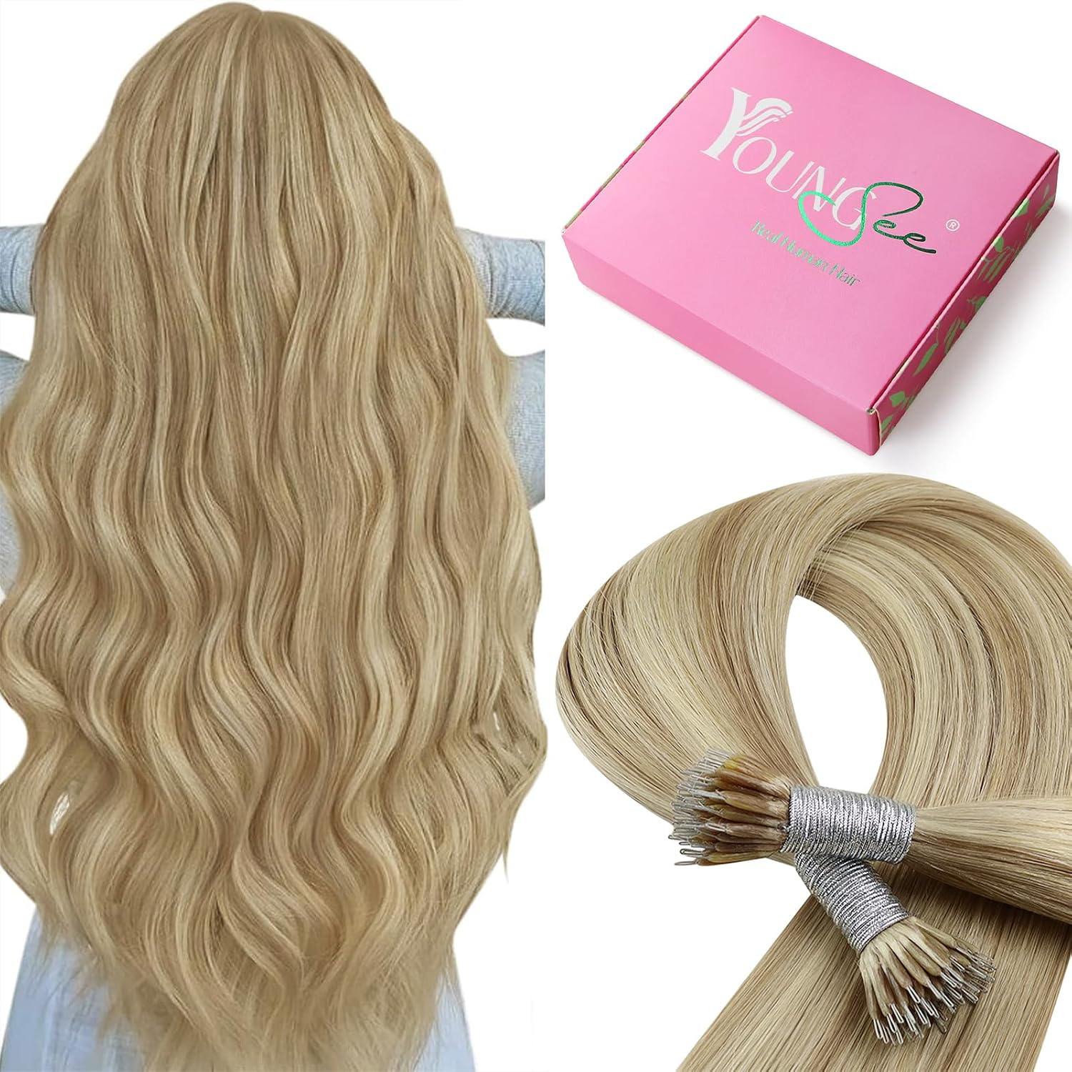 YoungSee Nano Beads Hair Extensions Blonde 14inch Nano Hair Extensions Warm Ash Blonde Highlights Bleach Blonde Nano Ring Hair Extension Highlight for Women Cold Fusion 50g Short Straight 50s