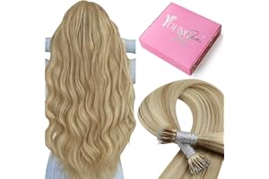 YoungSee Nano Beads Hair Extensions Blonde 14inch Nano Hair Extensions Warm Ash Blonde Highlights Bleach Blonde Nano Ring Hair Extension Highlight for Women Cold Fusion Short Straight 50s 50g