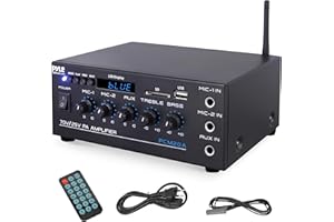 Pyle Sistema Amplificador de Potencia de Audio, Inalambrico, Estereo, Potencia Maxima de 200V, USB, SD, AUX, Entrada de microfono para Karaoke, Radio, Pantalla LCD, RCA