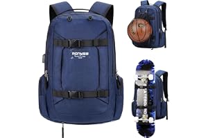 Ronyes Sac à dos pour ordinateur portable de 17,3" avec port de charge USB, sac à dos de basket-ball, longboard, sac à dos pour le sport et les voyages