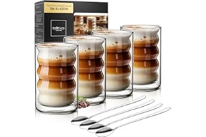 ElbFuchs® Latte Macchiato Bubble Glasses Set [4 x 400 ml] Double-Walled Thermal Glasses, Crystal Clear with Spoons, Cappuccino Glasses, Coffee Glasses and Tea Glasses