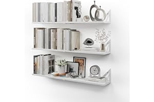 CASSA HOME DECOR CASSA NOKO Wall Mounted Floating Book Shelves for Wall Set of 3, Shelf Bookshelf for Bedroom Living Room Office Bathroom Kitchen Rustic Wood with Metal Bracket (White Large)