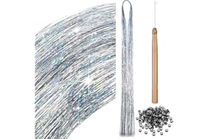 BBTO 200 błyszczących kosmyków do włosów Tinsel Błyszczące plecione zestawy akcesoriów do przedłużania włosów z narzędziami mikro-pierścieniowymi dla kobiet dziewczyn (srebrny)
