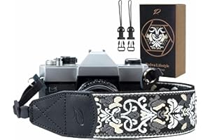 PADWA LIFESTYLE PADWA Paski do aparatu dla fotografów, szerokość 5 cm, żakardowe, haft, paski do aparatu z prawdziwej skóry, regulowany pasek na szyję, do wszystkich aparatów (szary haftowany kwiat)