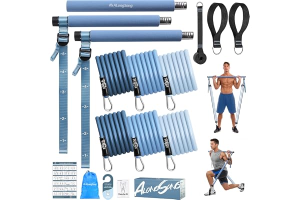 ALongSong Elastiques Musculation Sport Maison - Kit Barre de Pilates pour Homme Femme avec 6 Bandes de Résistance Élastique 20-180Lbs & Ancrage de Porte pour Complet Entraînement Yoga/Musculation